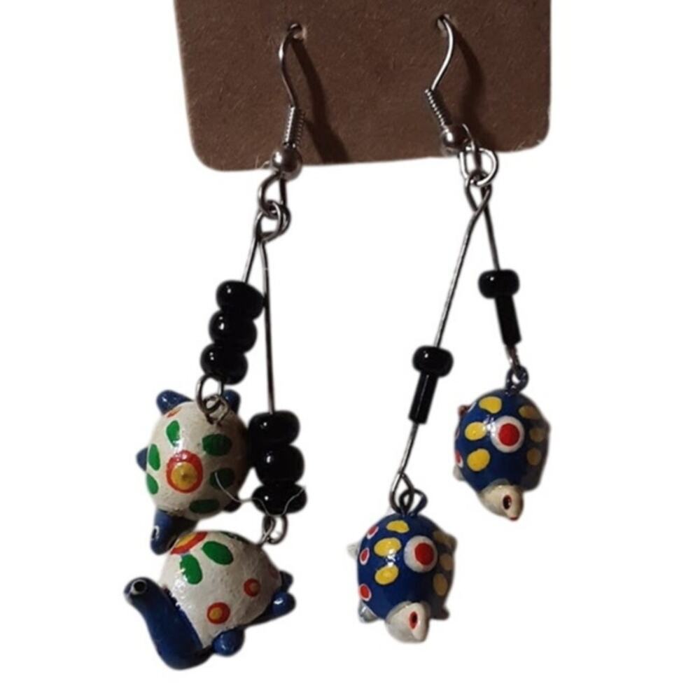 Artisan HANDMADE Earrings Black Seed Beads Dangle French wire TURTLES